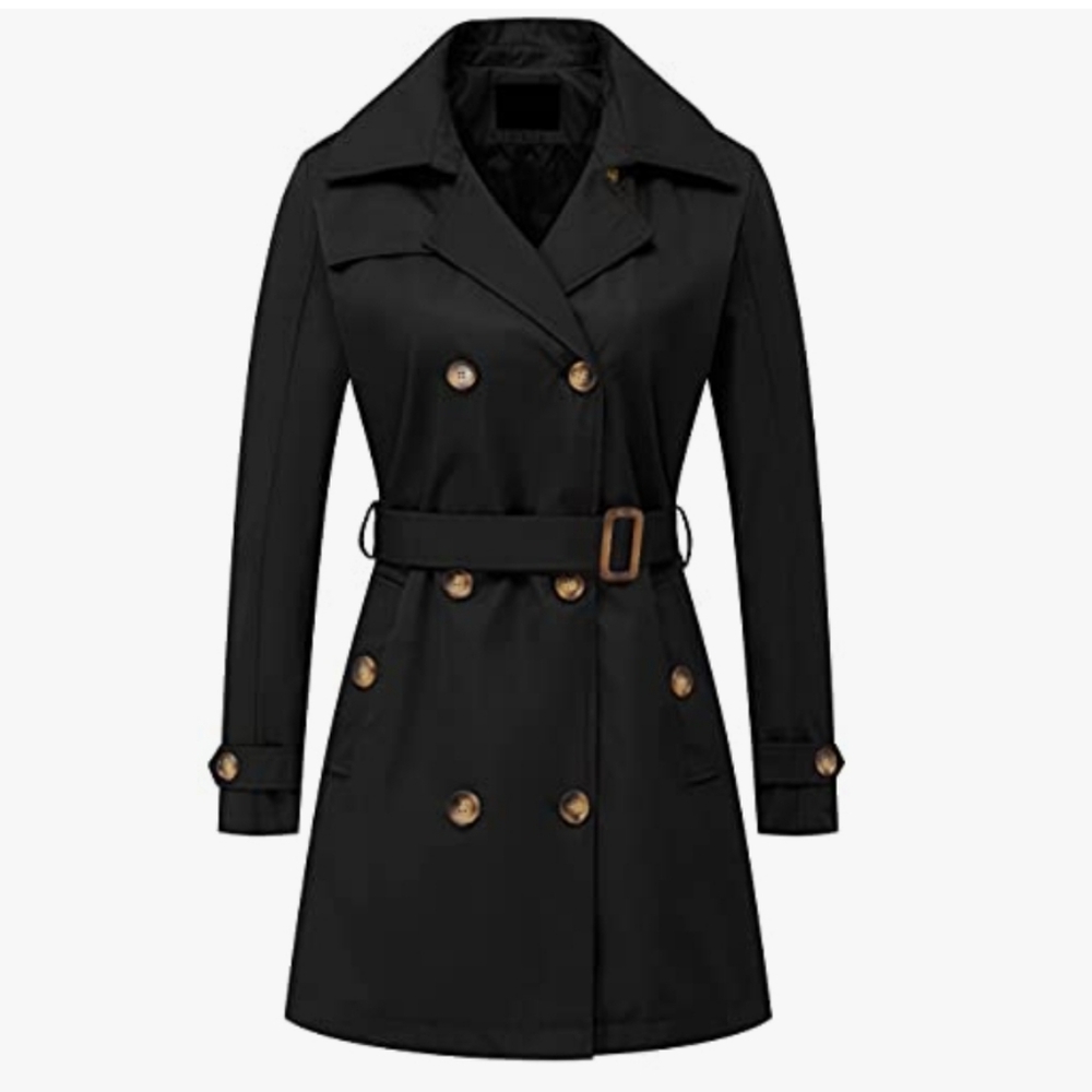Classic Black Double-Breasted Trench Coat - Women's Jacket